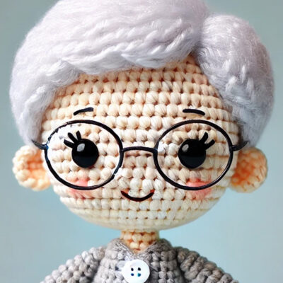 Crochet doll version of Bertha Rector, Secretary of the Board of Directors for Community Threads.