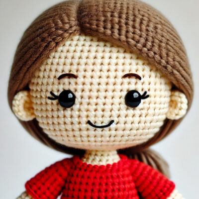 Crochet doll version of Linda Foldvik, Treasurer of the Board of Directors for Community Threads.