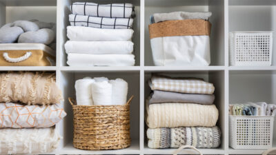 A linen closet full of household linens, one of the categories of free items distributed by Community Threads.