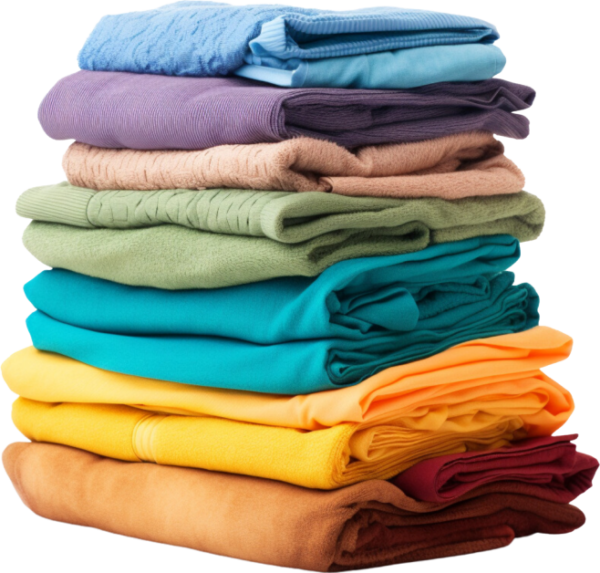 Picture of a stack of colorful clothes to show that you can donate clothing to Community Threads.