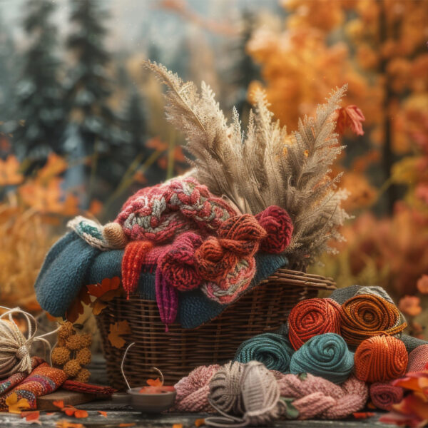 a collection of craft items in a basket with a fall themed setting - representing Community Threads' 2024 Fall Workshop