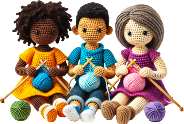 Picture of a group of crocheted dolls knitting together showing that you can get involved as a member of Community Threads.