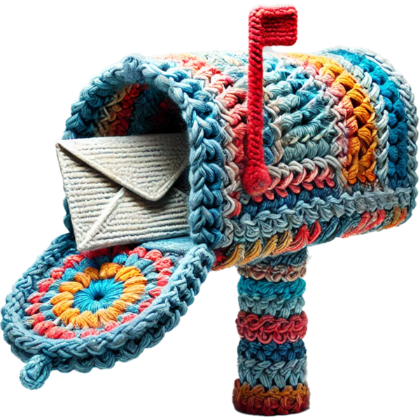 Picture of a left-facing crochet mailbox with a letter coming out representing the Contact Page for Community Threads