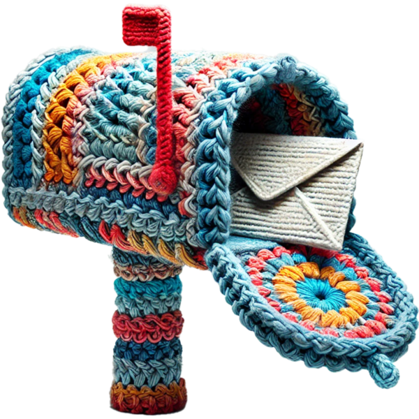 Picture of a right-facing crochet mailbox with a letter coming out representing the Contact Page for Community Threads