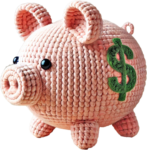 Picture of a crocheted piggy bank to represent a nonprofit donation to Community Threads.