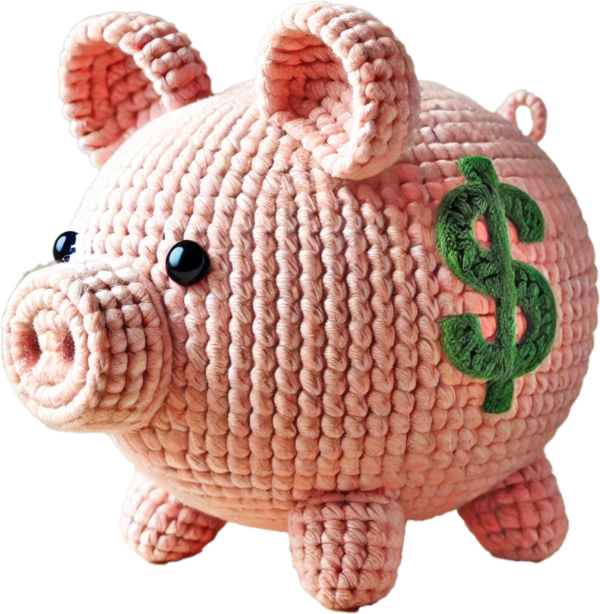 Picture of a crocheted piggy bank to represent a nonprofit donation to Community Threads.