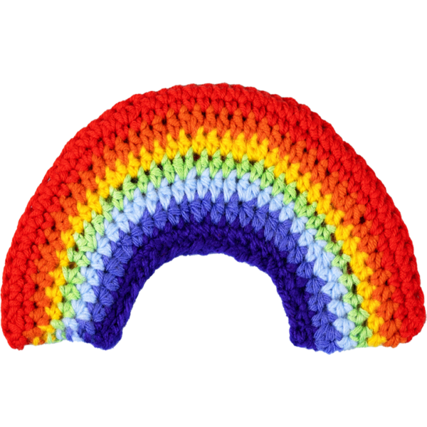 Picture of a crochet rainbow representing upcoming events for Community Threads