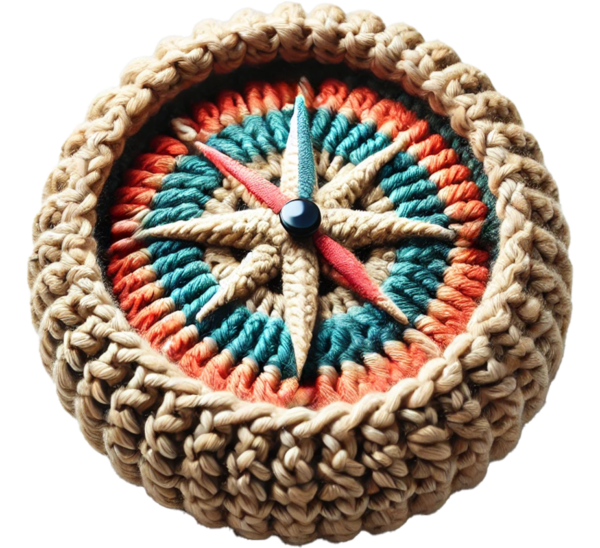 Picture of a crocheted compass representing the Meet the Board page of Community Threads