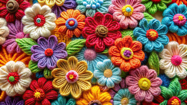 Colorful springtime crochet flowers and leaves arranged closely together.